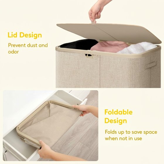Norcho 185L 3-Section Laundry Hamper with Lid, Bamboo Handles Removable Bags Foldable Basket, Beige