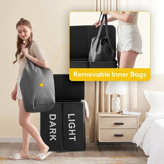 Norcho 136L Double Laundry Hamper with Lid, Large Divided Laundry Basket with Removable Bags, Collapsible 2-Section Hamper with Handles, Black