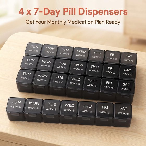 Norcho Monthly Pill Organizer, 28 Day Pill Box with Large Compartments, 4-Week Medicine Organizer for Vitamins & Supplements, 28 Grids, Black