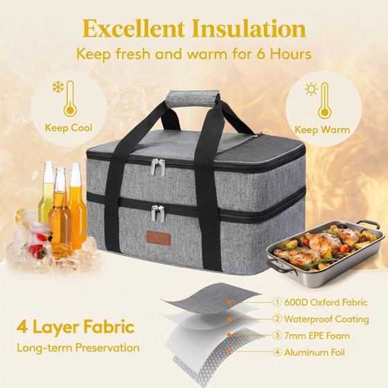 Norcho Insulated Double Decker Casserole Carrier, Lasagna Tote Bag for Hot or Cold Food, Fits 9" x 13" Baking Dish, Gray