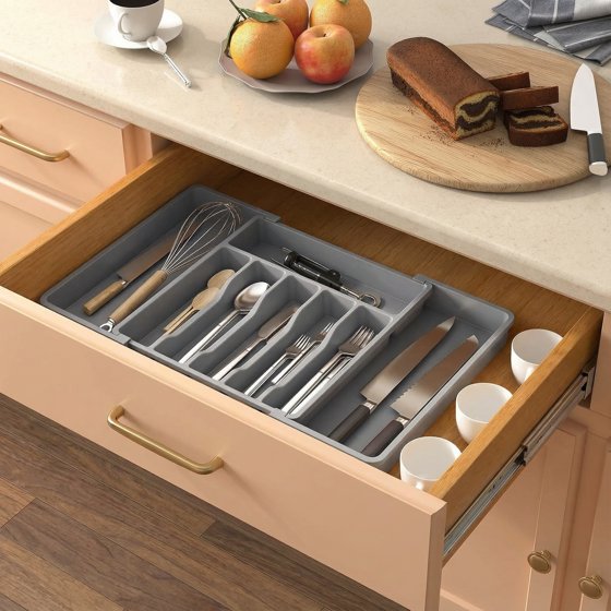 Norcho Silverware Drawer Organizer, Expandable Utensil Tray for Kitchen, Cutlery and Flatware Holder, Adjustable Storage for Spoons, Forks and Knives, 13–22 x 15", Gray