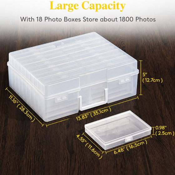 Norcho 4x6 Photo Storage Box, 18 Inner Photo Cases with Lids, Clear Plastic Photo Organizer with Label Stickers for Photos, Seeds, Stickers, Cards, Pictures, Stamps & Office Supplies