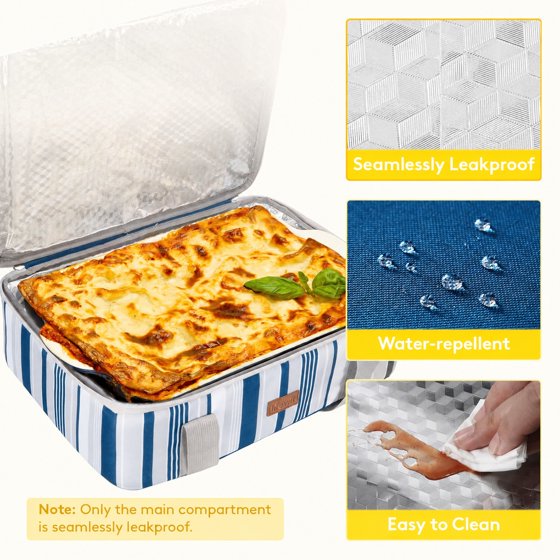 Norcho Insulated Double Decker Casserole Carrier, Lasagna Tote Bag for Hot or Cold Food, Fits 9" x 13" Baking Dish, Blue