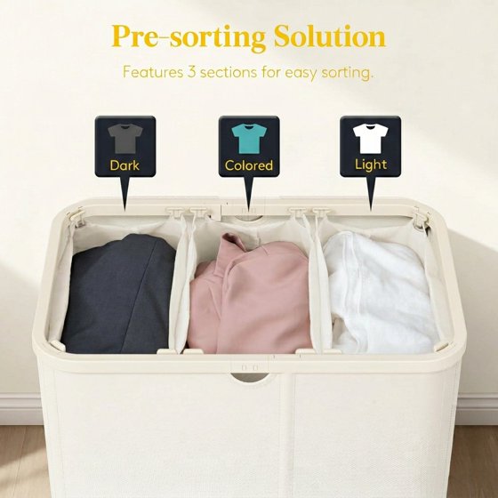 Norcho 185L 3-Section Laundry Hamper with Lid, Bamboo Handles Removable Bags Foldable Basket, White