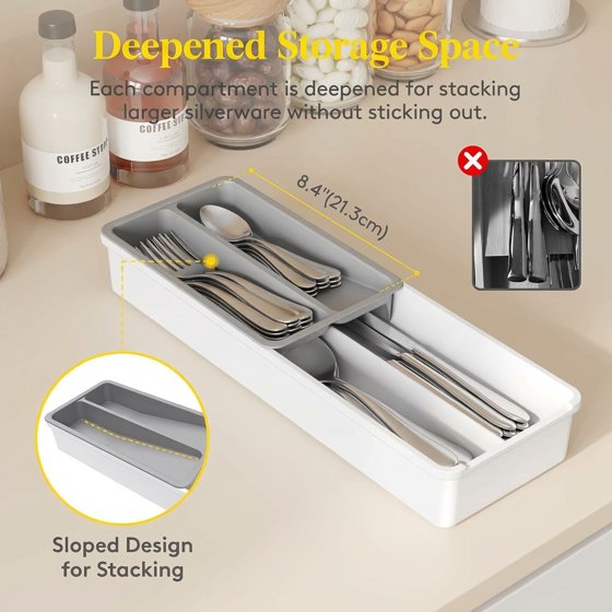 Norcho Compact Silverware Organizer for Kitchen Drawer, Narrow Flatware Tray Holder for Spoons, Forks, and Knives, White & Gray