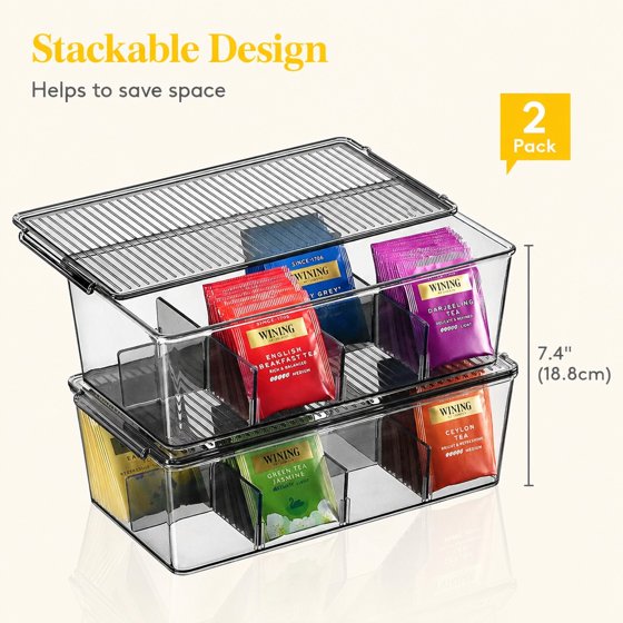 Norcho 2-Pack Tea Bag Organizer with Lid, Plastic Tea Bag Storage Box with 16 Compartments, Stackable Tea Packet Holder for Cabinet, Pantry, Countertop, Sugar Packets & Sweetener Sachets, Black
