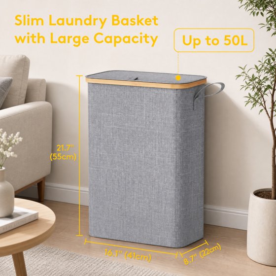 Norcho 50L Slim Laundry Hamper with Lid, Narrow Basket, Removable Bag & Bamboo Handles, Foldable Bin for Bathroom/Bedroom/Dorm, Light Gray