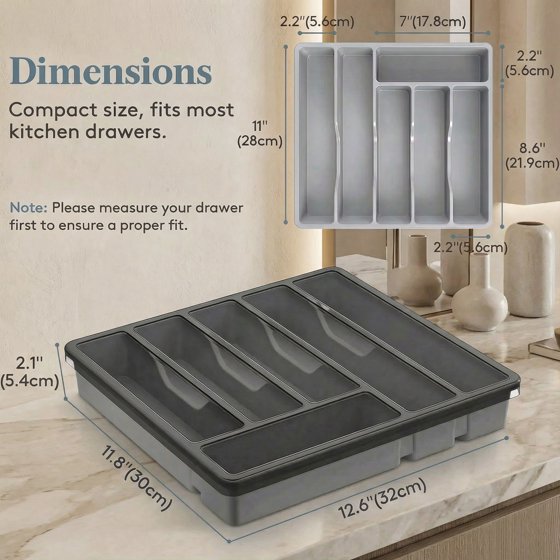 Norcho Silverware Organizer with Lid, Covered Utensil Tray for Kitchen Drawer and Countertop, 12.6 x 11.8", Plastic Cutlery and Flatware Holder, Gray