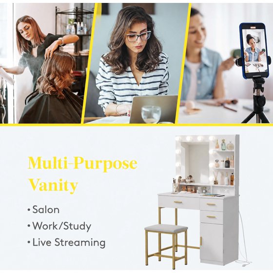 Norcho Vanity with Mirror and Light, 2 Power Outlets & 2 USB Ports, Adjustable Color & Brightness, Makeup Desk with 4 Drawers and Stool for Bedroom, Bathroom & Makeup Room