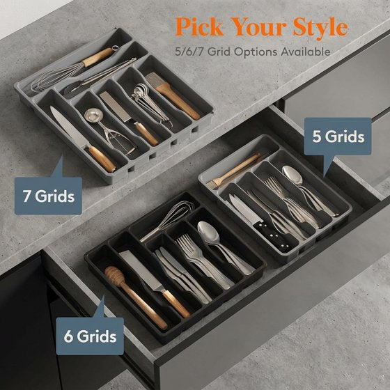 Norcho Silverware Drawer Organizer Tray, Plastic Cutlery and Utensil Holder Divider for Spoons, Forks, Knives and Tableware, 5 Slots, 9.1 x 12.6 Inch, Gray