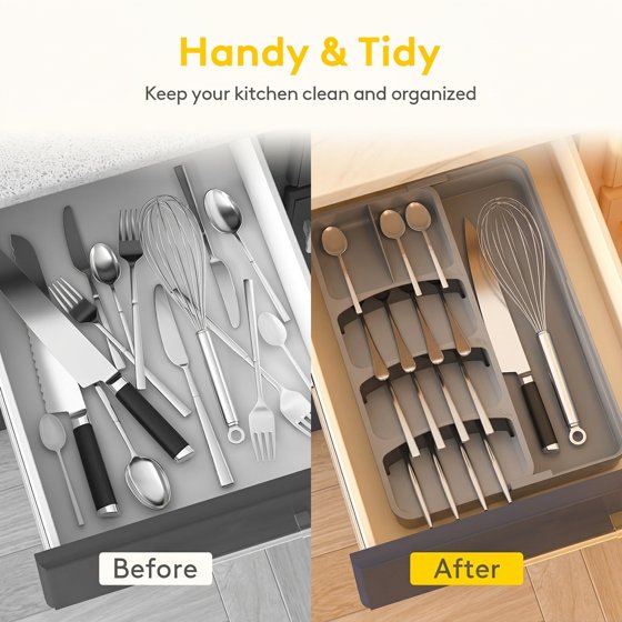 Norcho Expandable Silverware Drawer Organizer, Adjustable Utensil Tray for Kitchen Flatware Cutlery Storage, Gray Plastic