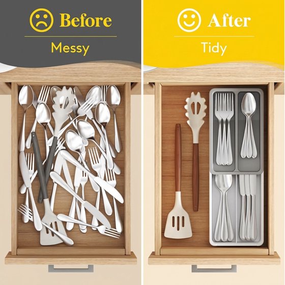 Norcho Compact Silverware Organizer for Kitchen Drawer, Narrow Flatware Tray Holder for Spoons, Forks, and Knives, White & Gray