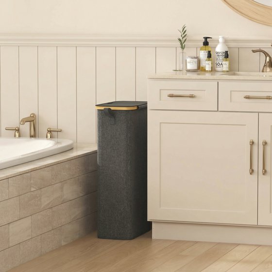 Norcho 65L Slim Laundry Hamper with Lid, Narrow Collapsible Laundry Basket with Removable Bag and Bamboo Handles, Dark Gray