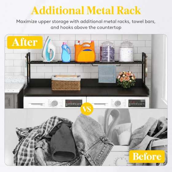 Norcho Washer Dryer Countertop with Adjustable Shelf, Melamine Laundry Room Organizer Top with Edge Rails and Towel Rack for Storage and Organization, Black