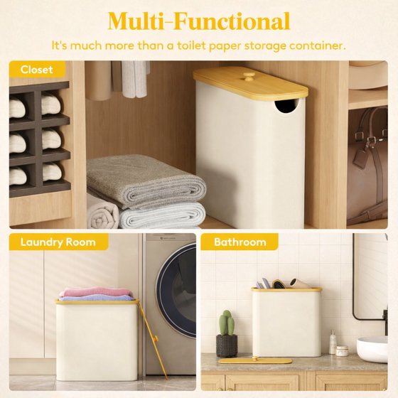 Norcho Toilet Paper Storage Holder for 12–16 Rolls, Freestanding Toilet Paper Basket with Bamboo Lid, Collapsible Fabric Bathroom Organizer for Mega Rolls, 30L, White