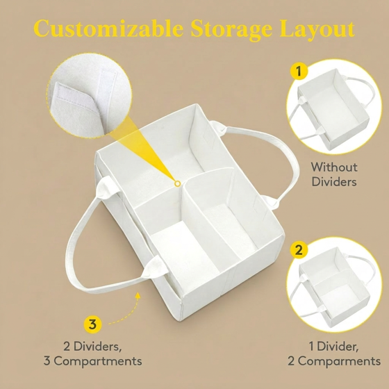 Norcho Felt Diaper Caddy with Handle, Portable Baby Storage Basket Detachable Divider Beige 13x9.1x7.1"