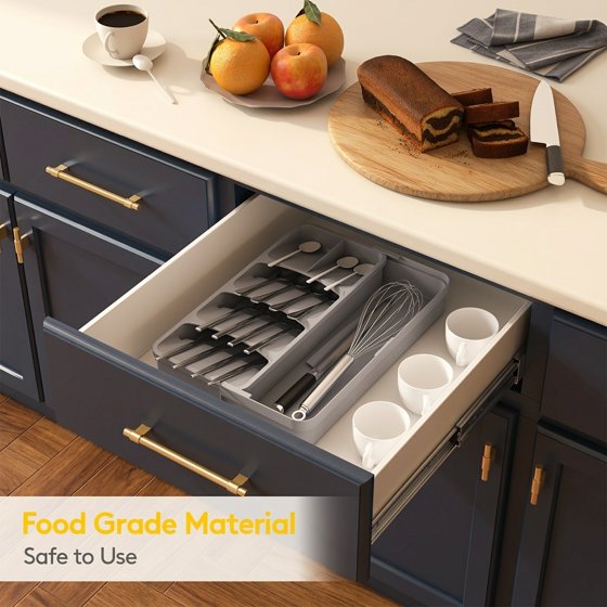 Norcho Expandable Silverware Drawer Organizer, Adjustable Utensil Tray for Kitchen Flatware Cutlery Storage, Gray Plastic