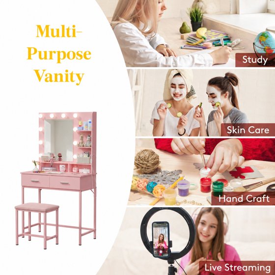 Norcho Vanity Desk Set with Mirror and Lights, Makeup Dressing Table with 2 Drawers & Chair, 3 Lighting Modes Adjustable Brightness, Wooden Top & Iron Frame for Bedroom, Pink