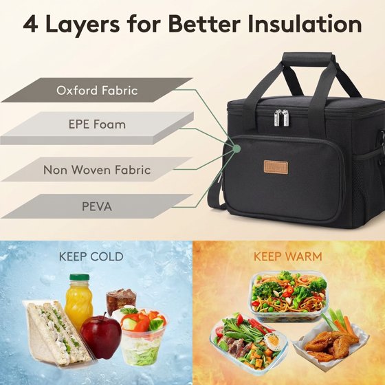 Norcho Large Insulated Lunch Bag Cooler Tote for Adults, Soft Lunch Box for Men and Women, 24-Can (16L), Black