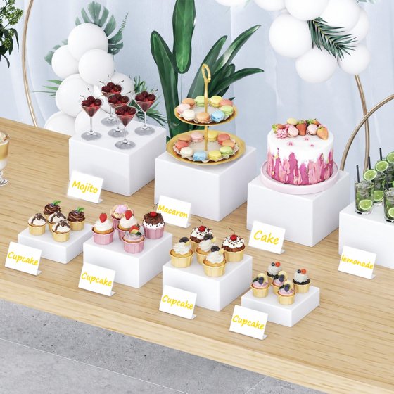 Norcho Plastic Buffet Risers Set of 8, White Food Display Stands for Buffet Table, 6" 7" 7.8" 8.3" Nesting Cube Dessert Cake Holders for Party, Jewelry and Collectibles Display