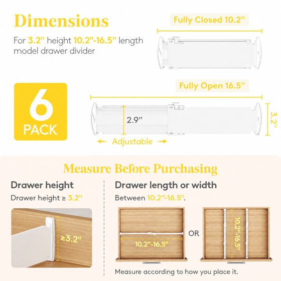 Norcho Drawer Dividers for Clothes 6-Pack, 3.2" Tall Expandable Dresser Drawer Organizers, Adjustable Plastic Separators for Socks, Underwear, Kitchen, Cabinet, Nursery Storage