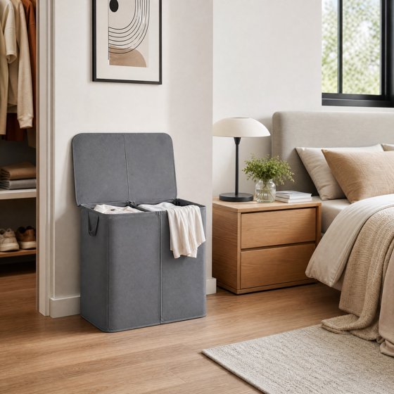 Norcho Double Laundry Hamper with Lid, Divided Laundry Basket with Removable Bags and Handles, Large Separated Clothes Basket, Gray