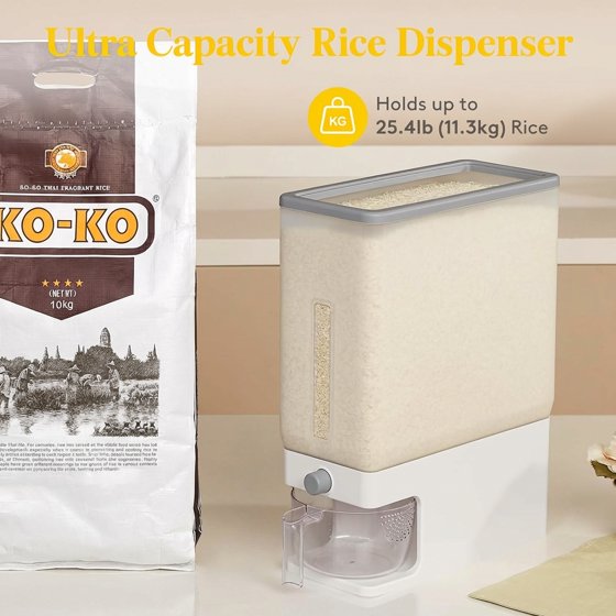 Norcho Rice Dispenser, 25 lb (11.3 kg) Sealed Rice Storage Container with Measuring Cup, Moisture Proof, Kitchen Pantry, Clear