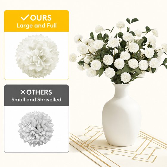 Norcho White Artificial Flower for Vase, 10 Pcs Faux Silk Mum Balls + 2 Eucalyptus Stems, Fake Small Kiku for Floral Arrangement, Pom Pom Centerpiece