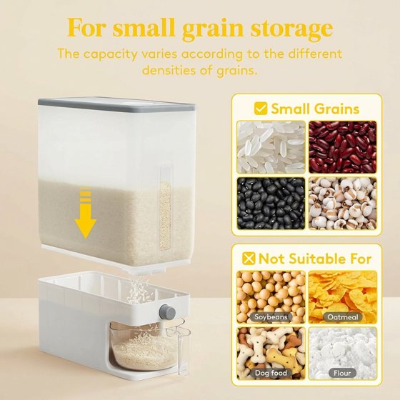 Norcho Rice Dispenser, 25 lb (11.3 kg) Sealed Rice Storage Container with Measuring Cup, Moisture Proof, Kitchen Pantry, Clear
