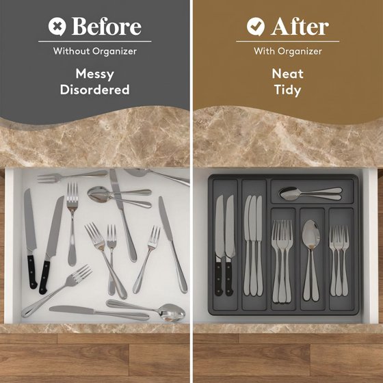 Norcho Silverware Organizer with Lid, Covered Utensil Tray for Kitchen Drawer and Countertop, 12.6 x 11.8", Plastic Cutlery and Flatware Holder, Black