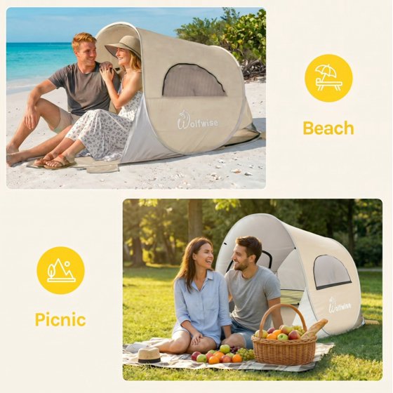 Norcho 79x49x38" Pop Up Beach Tent UPF50+ Sun Shelter, Instant Shade Canopy for 2 Person, Beige