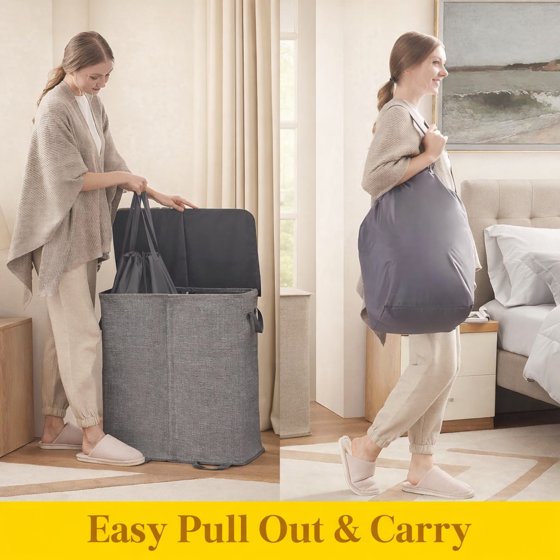 Norcho Double Laundry Hamper with Lid and Removable Bags, Large Collapsible 2-Divider Laundry Basket with Handles, 155L, Gray