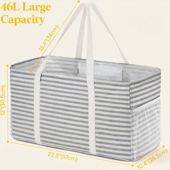 Norcho Extra Large Tote Bag, Reusable Foldable Shopping Bag with Metal Frame and Handles, 46L for Storage, Picnics, Beach, Laundry, Car, Gray