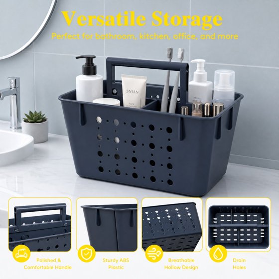 Norcho Portable Shower Caddy, Plastic Bathroom Organizer with Handle and Drain Holes, Hard Cleaning Basket for Toiletries Storage, Dorm Room Essentials for College Bathroom Organization, Dark Blue