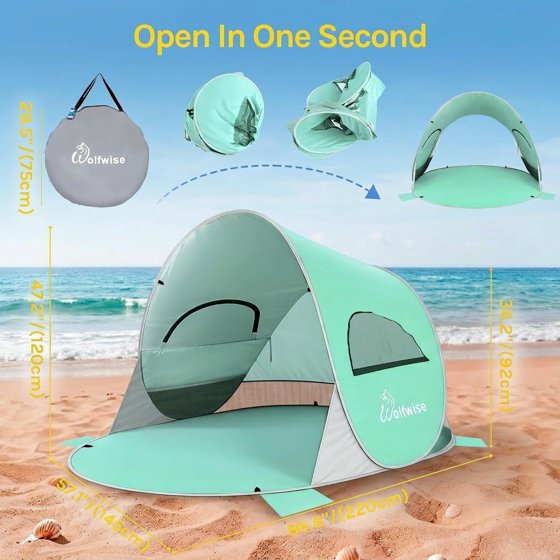 Norcho 87x57x47" Pop Up Beach Tent UPF50+ Sun Shelter, Instant Shade Canopy for 3 Person, Mint Green