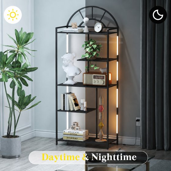 Norcho Arched Geometric LED Display Shelf with Adjustable Color Temperature & Brightness Control, Etagere Bookshelf with Metal Frame & Wood Shelves for Living Room, Bedroom & Curio Display, Black