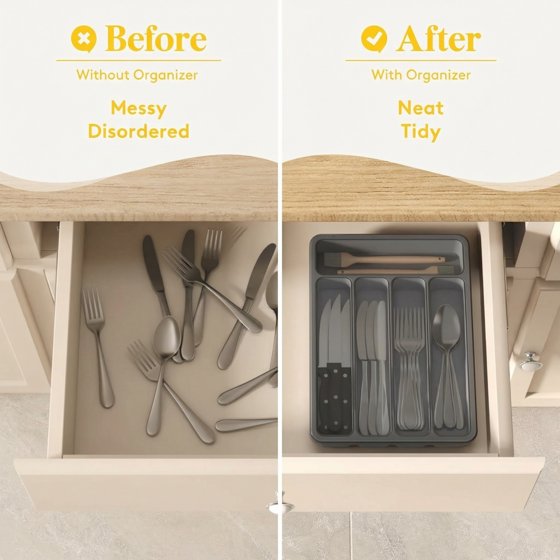 Norcho Silverware Organizer with Lid, Covered Utensil Tray for Kitchen Drawer and Countertop, Plastic Cutlery and Flatware Holder, Gray