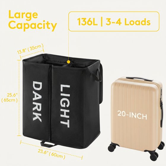 Norcho 136L Double Laundry Hamper with Lid, Large Divided Laundry Basket with Removable Bags, Collapsible 2-Section Hamper with Handles, Black