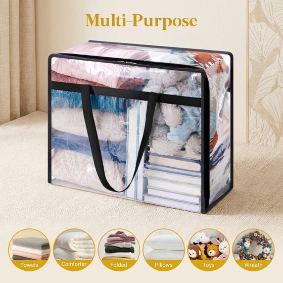 Norcho Clear Clothes Storage Bags, 4 Pack 40L Vinyl Blanket Storage Containers with Zipper, Foldable Closet Organizer for Bedding, Duvet, Comforter