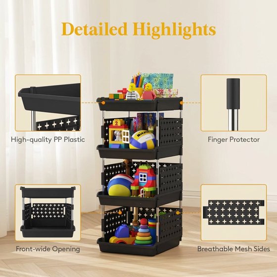 Norcho 4-Tier Plastic Stackable Storage Baskets, Stacking Bins for Food, Clothes, and Household Organization, Black