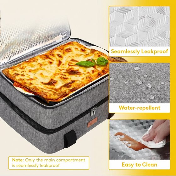 Norcho Insulated Double Decker Casserole Carrier, Lasagna Tote Bag for Hot or Cold Food, Fits 9" x 13" Baking Dish, Gray