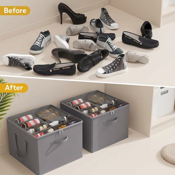 Norcho Shoe Storage Organizer for Closet, Large Fabric Shoe Boxes with Clear Lids, Foldable Bins for Boots, Heels, and Sneakers, Fits 24–32 Pairs (12–16 Pairs Each), 2-Pack, Gray