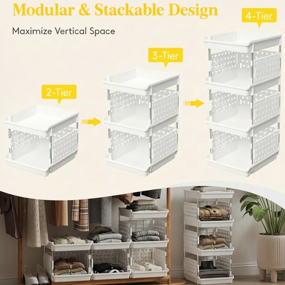 Norcho 4-Tier Plastic Stackable Storage Baskets, Stacking Bins for Food, Clothes, and Household Organization, White
