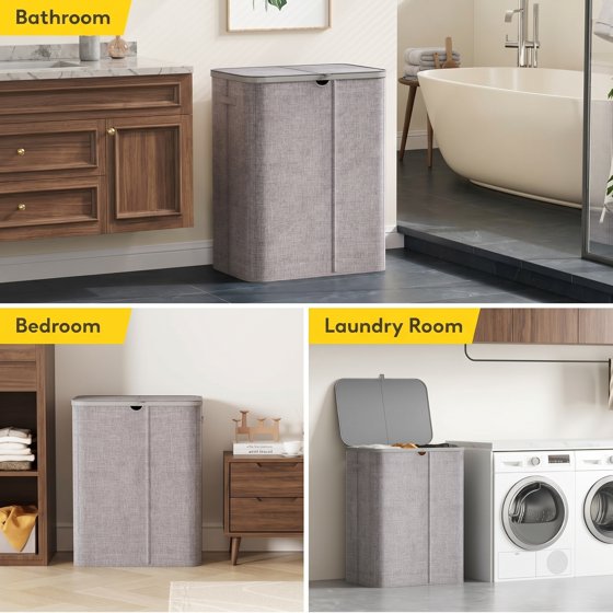 Norcho 185L 3-Section Laundry Hamper with Lid, Bamboo Handles Removable Bags Foldable Basket, Light Gray