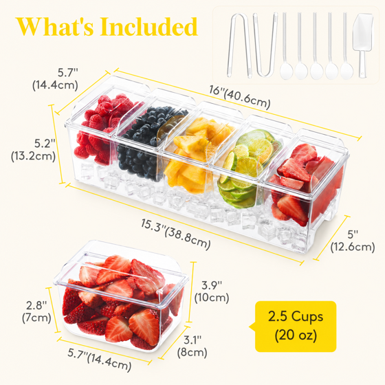 Norcho Ice Chilled Condiment Caddy 5 Containers with Accessories, Condiment Server with Lid, Serving Tray Platter with Removable Dishes for Bar, Fruit, Salad, Taco Party & Garnishes