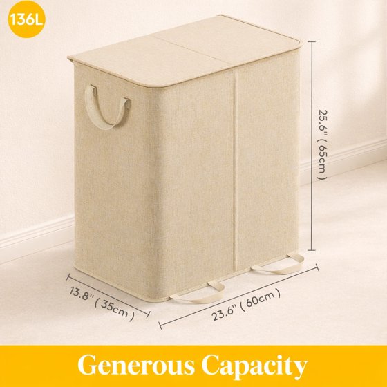 Norcho Double Laundry Hamper with Lid and Removable Bags, Large Collapsible 2-Divider Laundry Basket with Handles, 136L, Beige