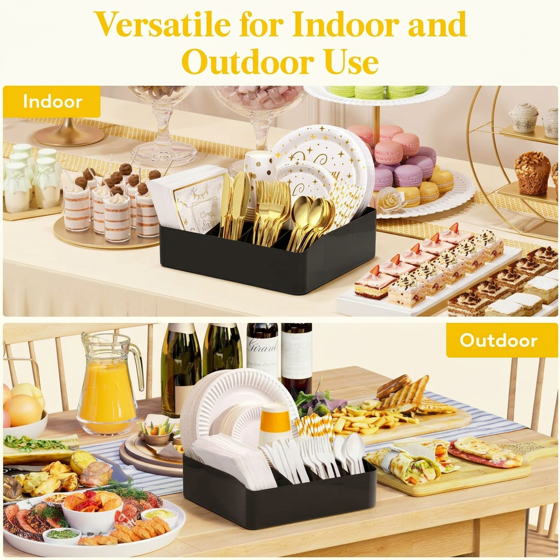Norcho Paper Plate Organizer and Plastic Silverware Caddy for Kitchen Countertop, 7-Compartment Utensil Holder and Cutlery Dispenser Box