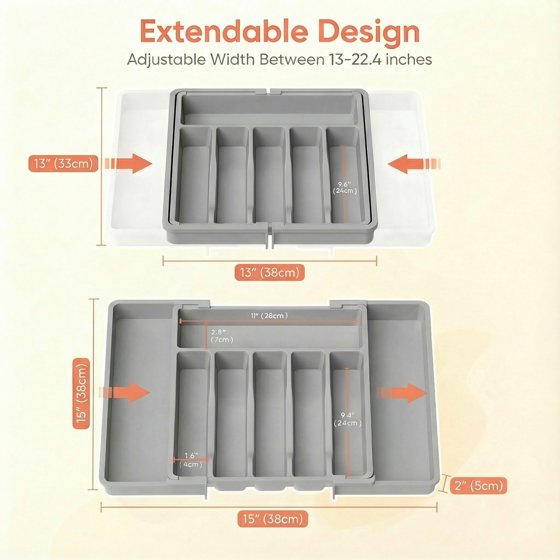 Norcho Silverware Drawer Organizer, Expandable Utensil Tray for Kitchen, Cutlery and Flatware Holder, Adjustable Storage for Spoons, Forks and Knives, 13–22 x 15", Gray