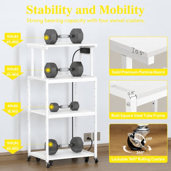 Norcho 4 Tier Printer Stand with 3 Power Outlets, Wheels & Adjustable Storage Shelf, Rolling Printer Cart for Home Office, Shredder, Scanner & Fax Machine, Holds up to 340 lbs, White
