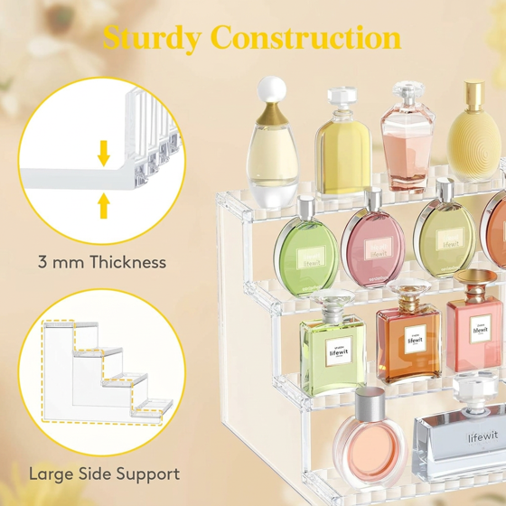 Norcho 4-Tier Clear Display Riser Stand with Decorative Secure Fences, Tool-Free Assembly, 12-Inch Plastic Perfume Organizer for Figures, Cupcakes, Desserts, 1-Pack